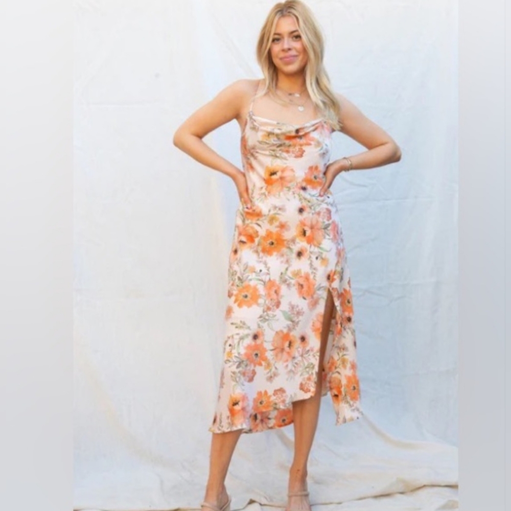 Astr Satin Floral Kriss Kross Slit Midi Cocktail Slip Dress